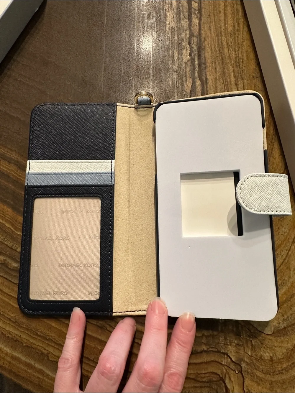Michael Kors Light Blue and White Folio Phone Case with Blue Strap